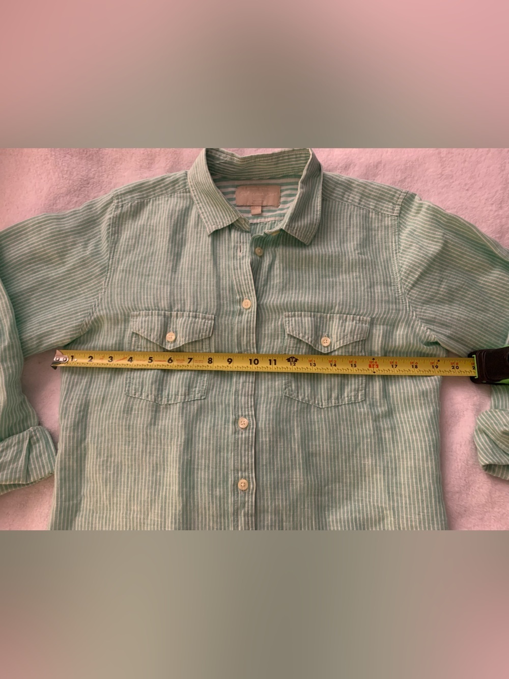 Banana Republic Soft Wash Linen Cotton Mint Green and White Pinstripe Shirt M - Picture 12 of 16